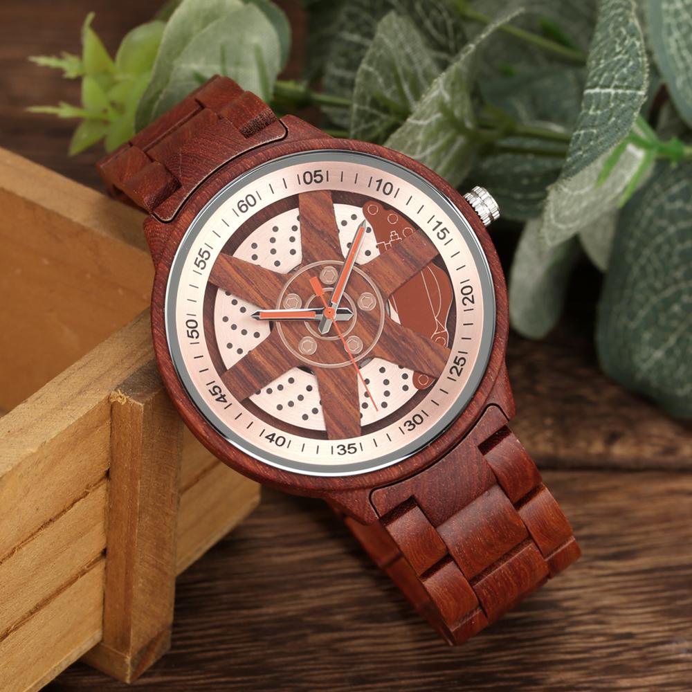 Heren Horloge Unieke Wiel Hub Precieze Schaal Rode Houten Horloge Verstelbare Houten Band Horloge Quartz Polshorloge Relojes Hombre