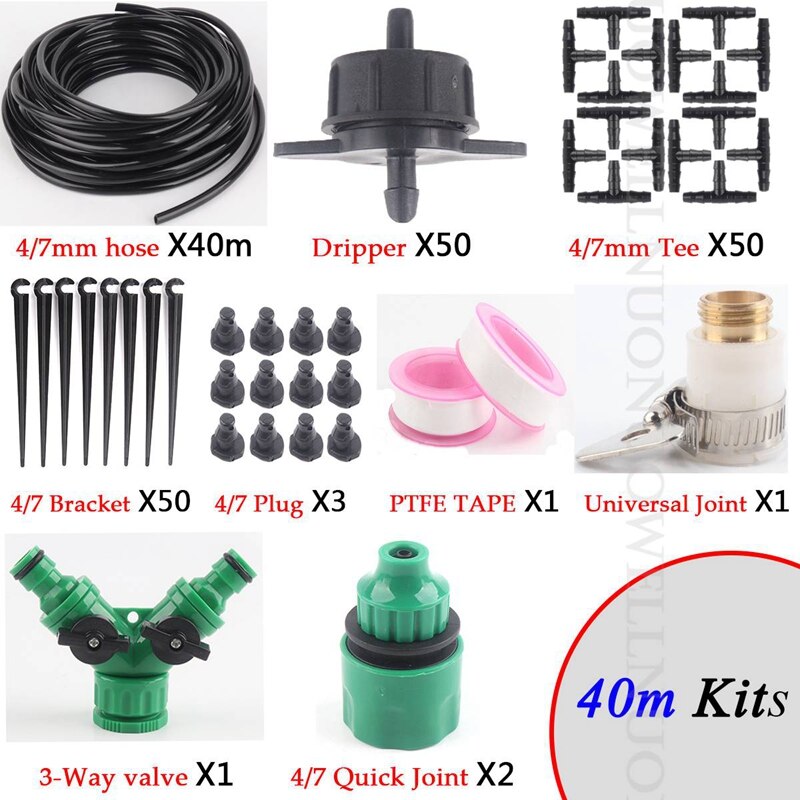 10 ~ 50m 1/4 tommers pe slange hagevanningssett grønnsakshage frukthage plante mikro drypp vanningssystem sett drypper: 40m svarte sett