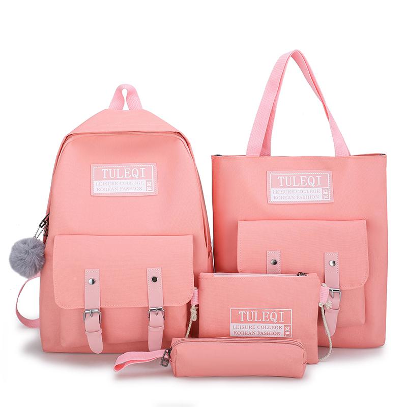 Set van 4 schooltassen, canvas damesrugzak, collegetas voor meisjes, antidiefstalrugzak, mochilas, damesrugzak: Roze