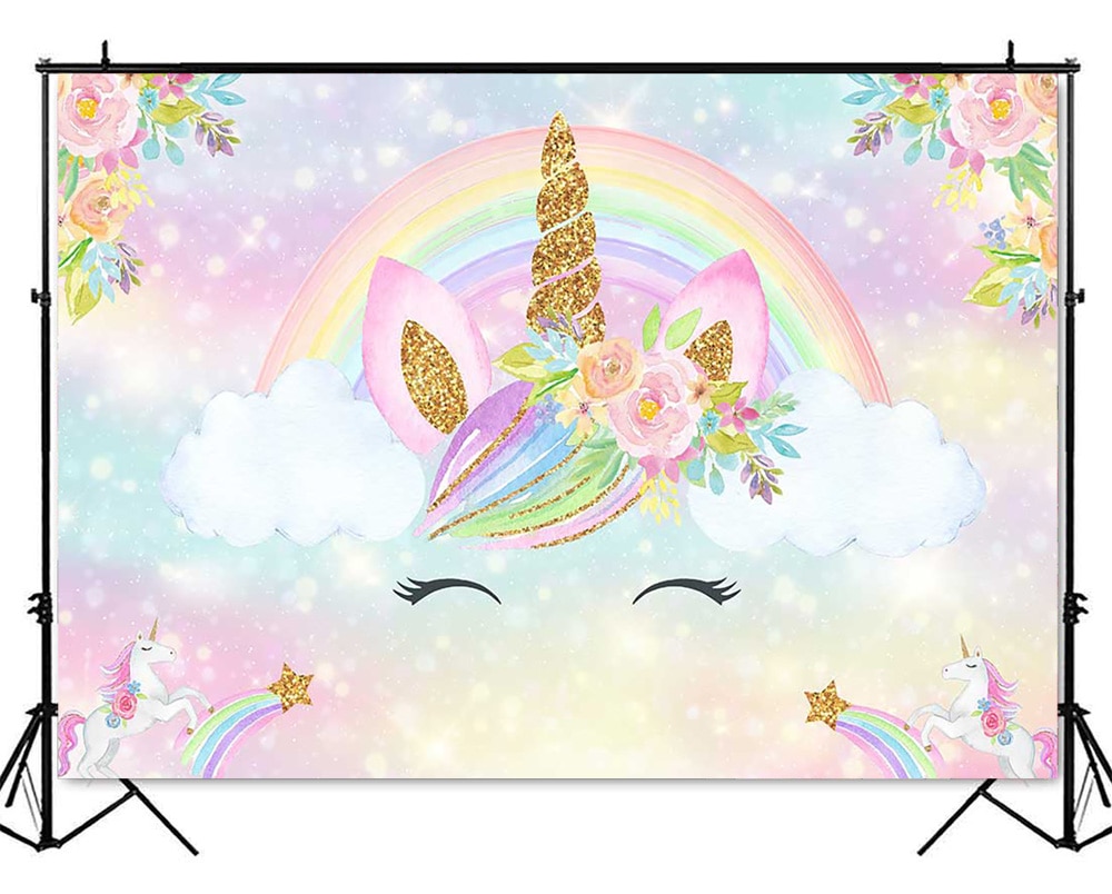 Arrière-plan licorne arc-en-ciel pour studio photo, arrière-plan pour fête prénatale, anniversaire, vidéo, fleur scintillante pro