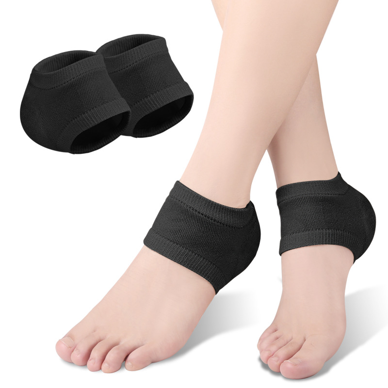 Protector de talón de silicona de Gel, almohadillas para el talón, copas para el talón, soporte para fascitis Plantar, cuidado de los pies, cojín de reparación de la piel, calcetines de medio yarda: Negro