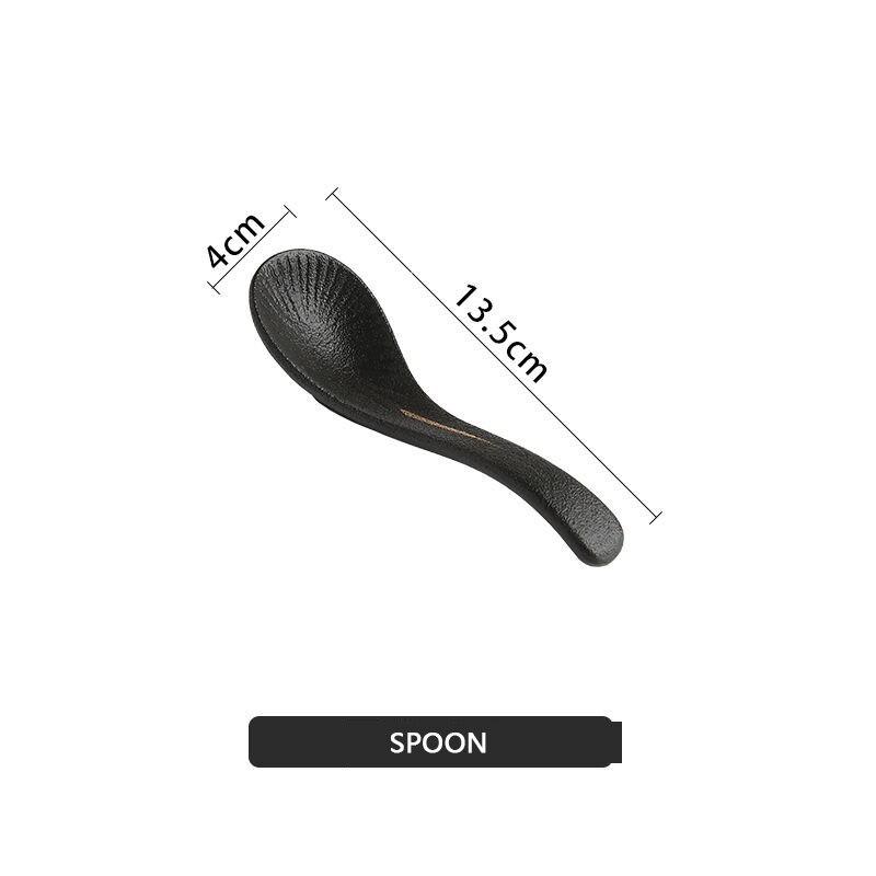 Gold Edge Black Ceramic Dinnerware Set Golden Dot Soup Rice Salad Bowl Steak Pasta Fruit Plate Dish Spoon Tableware Set: Spoon