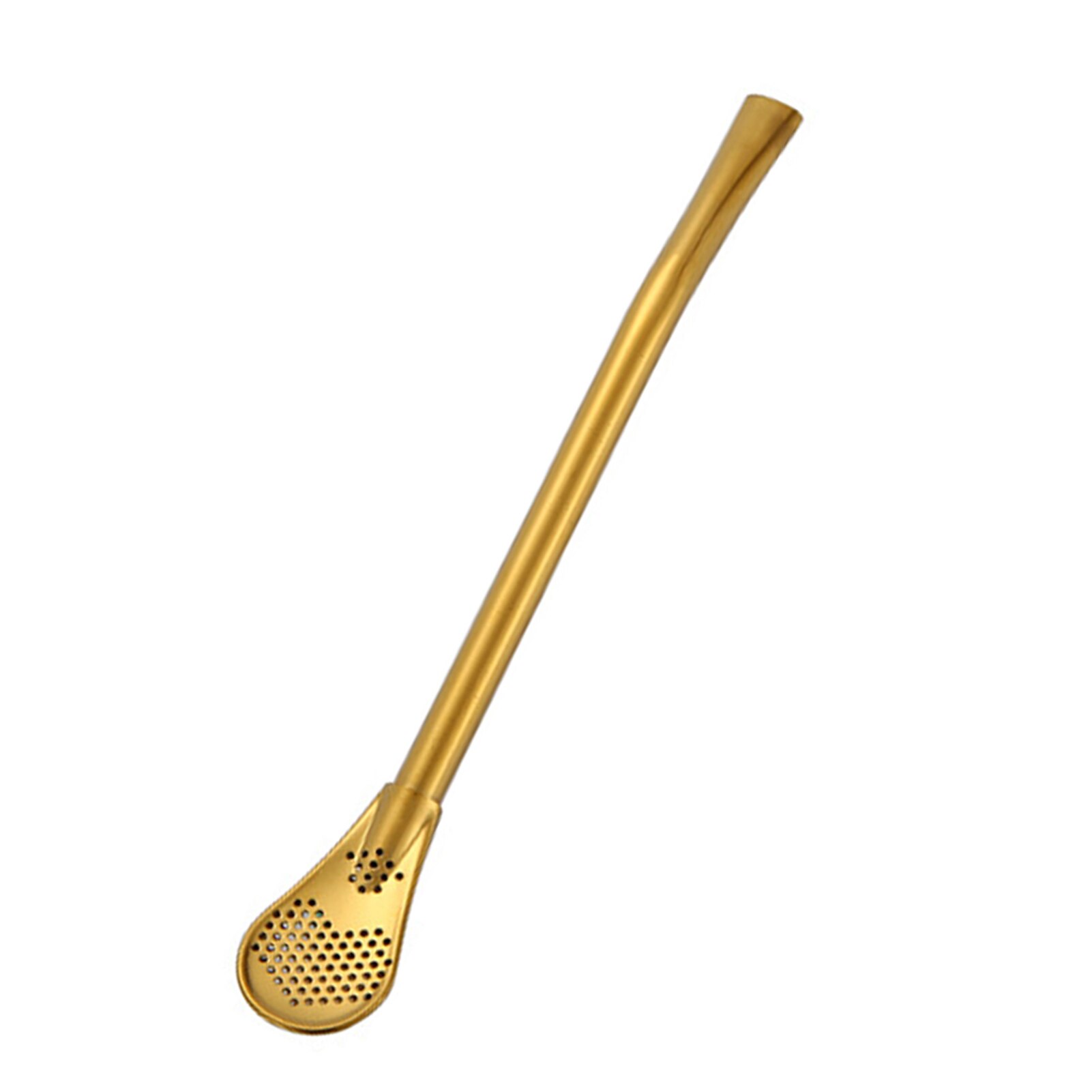 Stainless Steel Tea Coffee Straw Spoon Reusable Drinking Straw Spoon Double Filter Flat Smooth Straws Party Bar Tools: Long 17.7cm / Gold