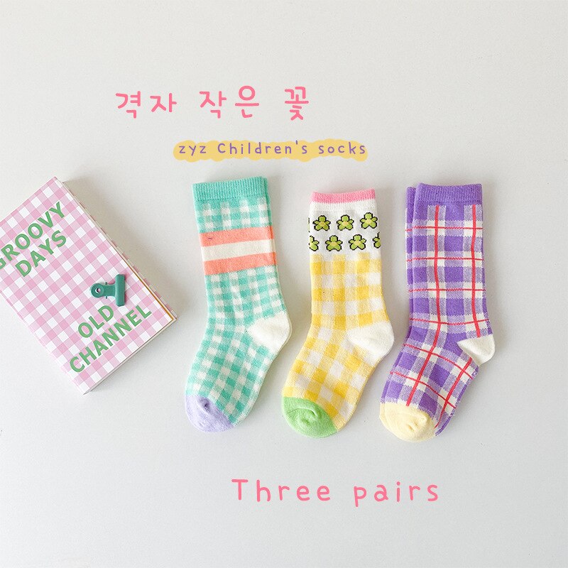 3 paia/lotto Z286 primavera Cototn floreale Plaid coreano ragazze calzini al ginocchio calzini ragazze bambini calzini: Z332 A / L 5-8L