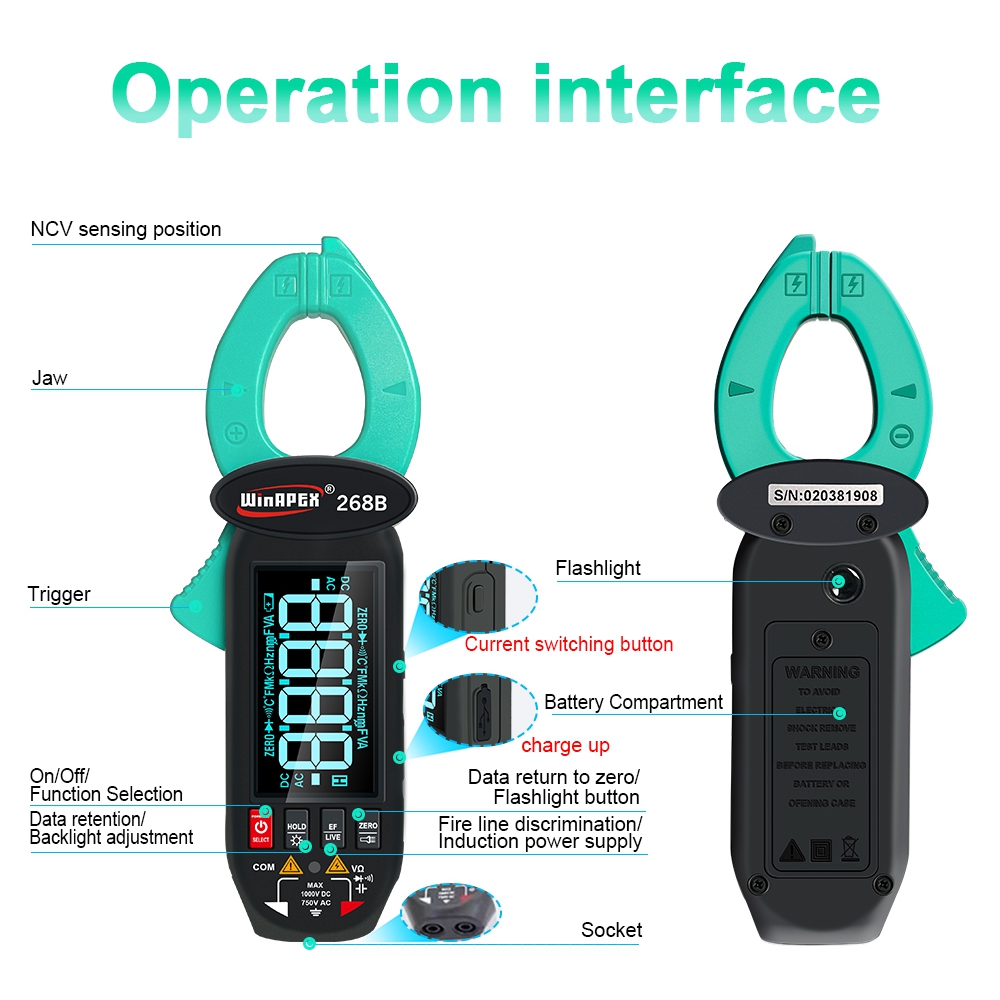 WinAPEX 268B Leakage Current Detect Clamp Meter 0.1mA Precision True RMS Multimeter AC DC 60A Type-C Screen Rotation Clamp Meter