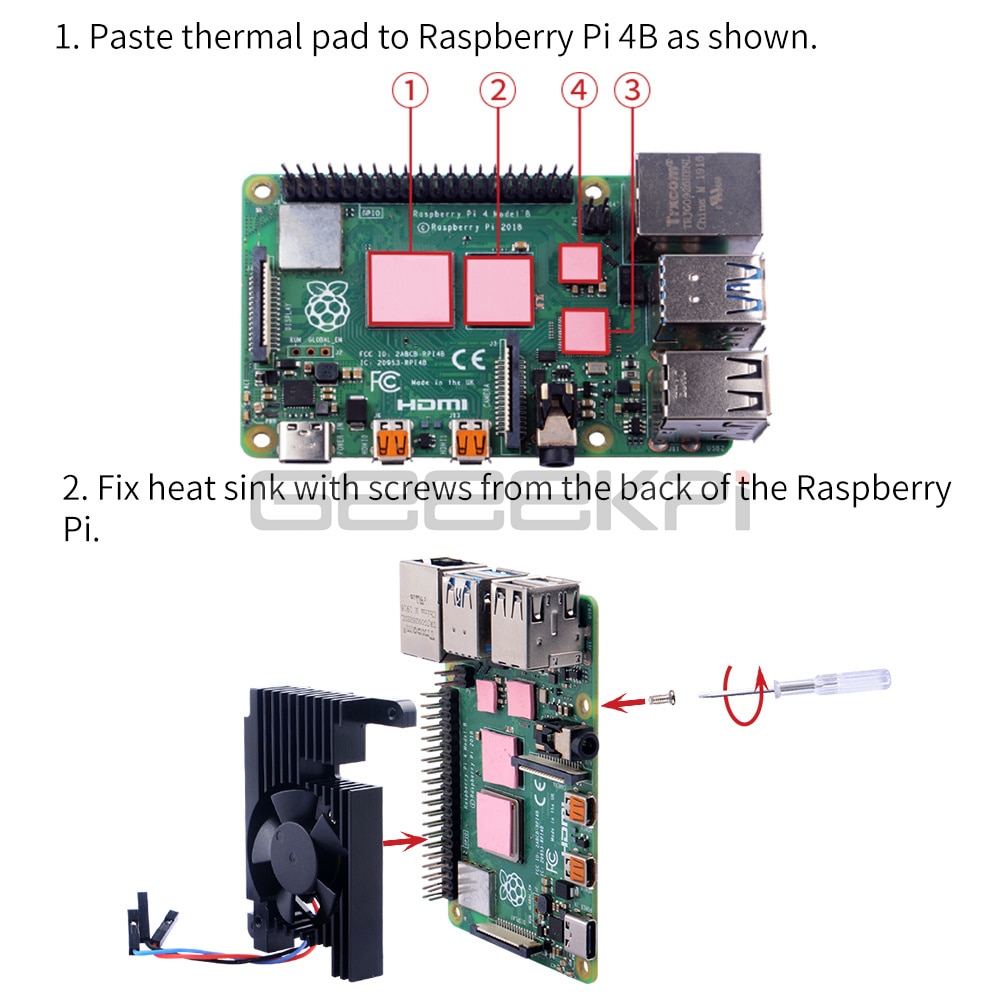 Raspberry Pi 4B – Kit de dissipateur thermique CNC à vitesse réglable, ventilateur de refroidissement extrême avec arrêt automatique, coussin thermique 3510