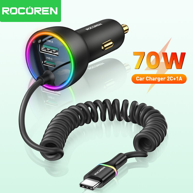 Rocoren 70w usb c carregador de carro com cabo de carregamento de mola tipo c adaptador de carregador rápido de carro para iphone 16 15 xiaomi
