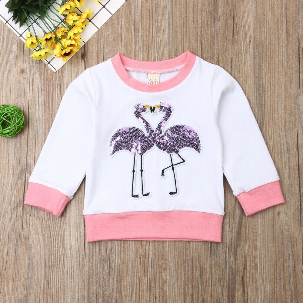2019 Del Bambino di Autunno della Molla Capretti Dei Vestiti Del Bambino Della Ragazza Felpa Magliette e camicette A Maniche Lunghe T-Shirt Con Paillettes Flamingo Patchwork Vestiti 6 M- 4T