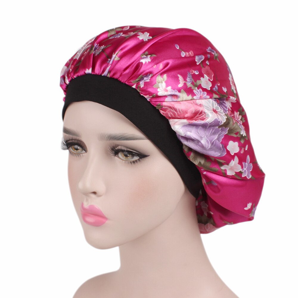 58 Cm Mode Vrouwen Satijn Nachtrust Cap Haar Motorkap Hoed Douche Caps Zijde Head Cover Brede Elastische Band: rose red flower