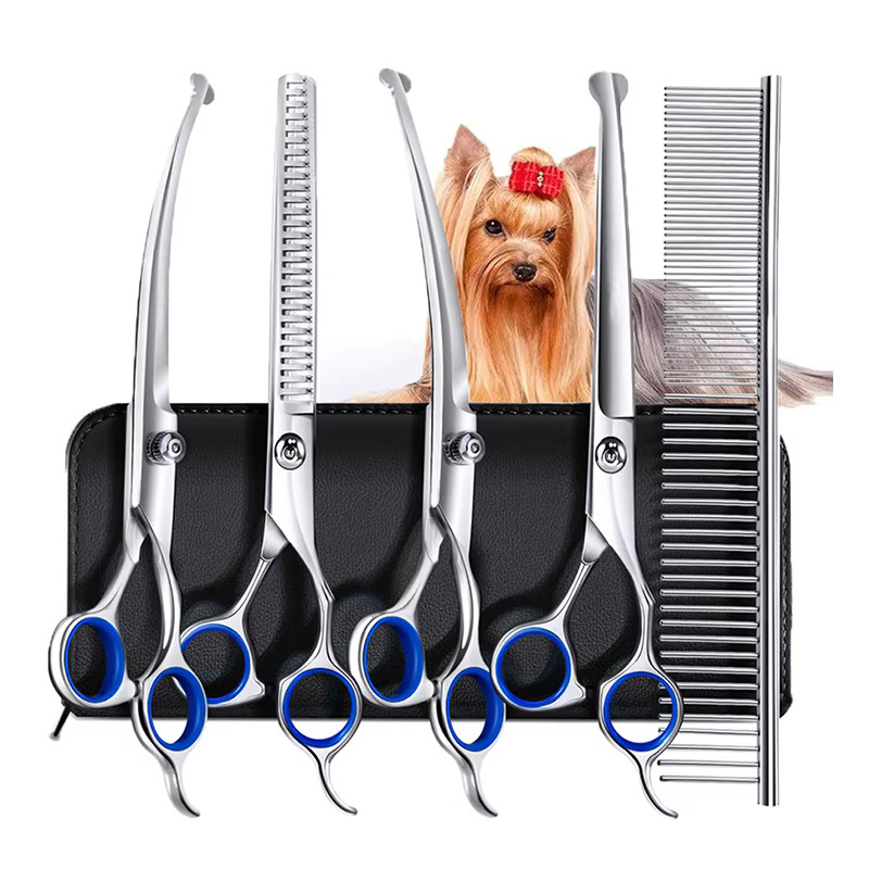 Ensemble de ciseaux de toilettage professionnels 5 en 1 pour chiens, ciseaux amincissants en acier inoxydable pour poils de chiens et de chats avec pointe ronde de sécurité pour animaux de compagnie