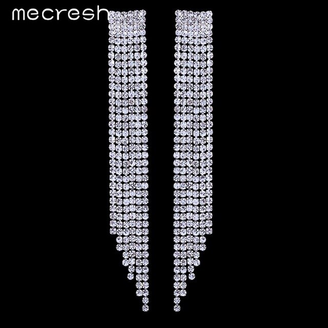 Mecresh Kristall Frauen Tropfen Ohrring Silber Farbe Braut Lange Quaste Ohrring Ohne durchbohren Clip Auf Hochzeit Party Ohrringe äh424: Silber-