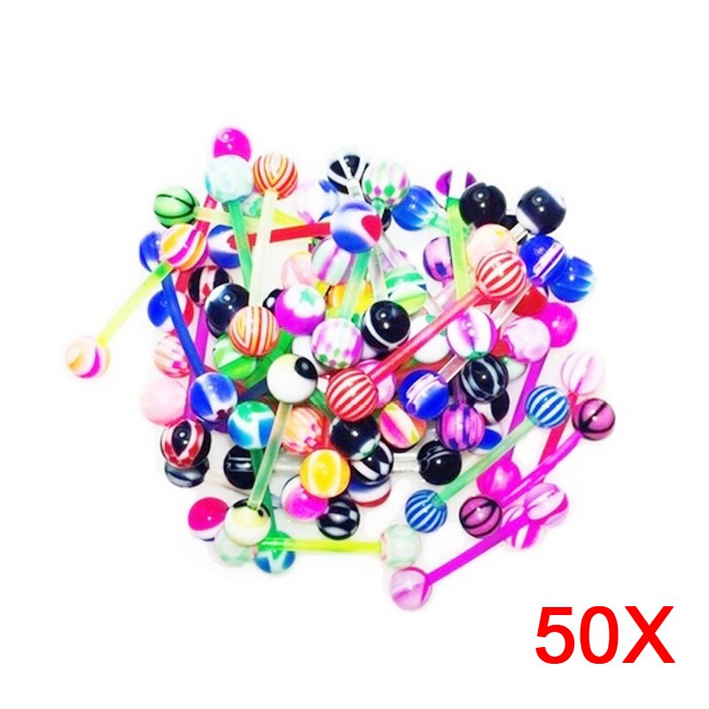 50pcs Mixed Ball Tongue Ring Navel Nipple Barbell Rings Bars Body Jewelry Piercing HSJ88