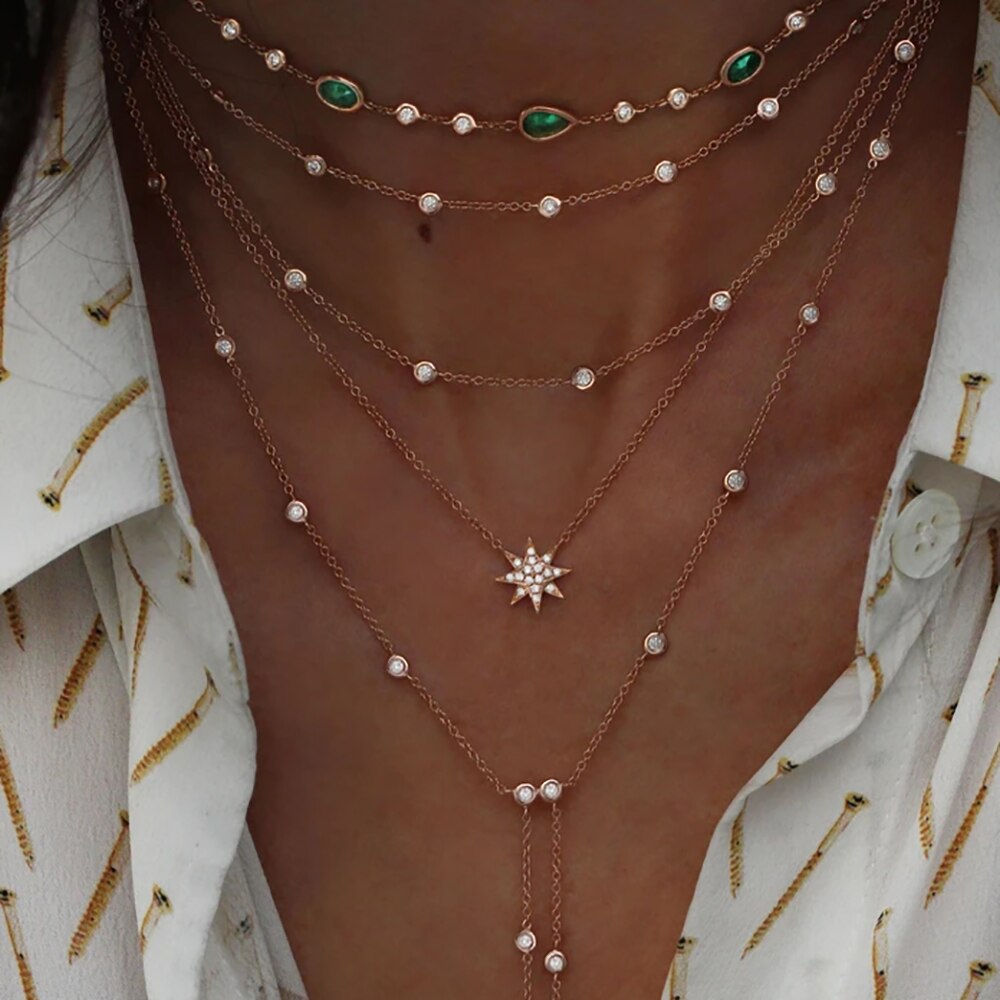 Vintage Crystal Geometry Star Moon Lock Necklace For Women Boho Multi-level Pendants Necklaces Chokers Jewelry: NE-0458-NE-0449-20