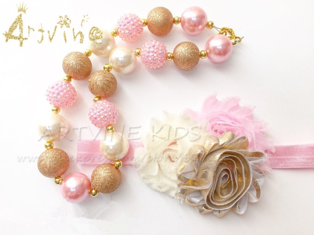 Goud & Roze Shimmer Bubblegum Kralen Ketting Voor Meisjes, Goud Verjaardag, Baby Ketting C1
