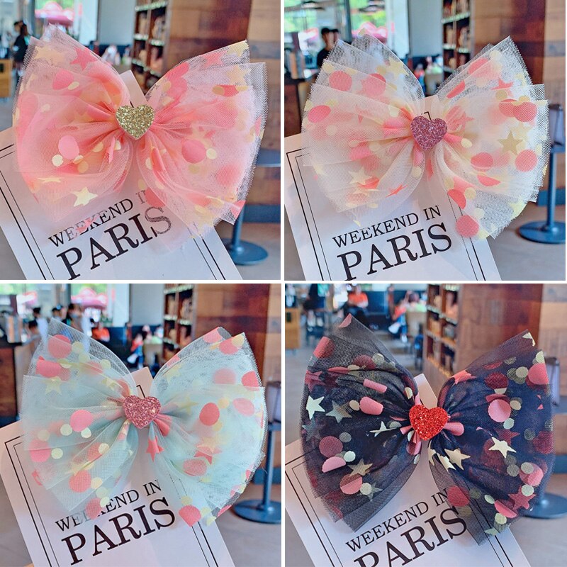 Colorido grande pequeno ponto hairpin super macio estrela malha cabelo arco clipes glitter decoração do coração hairgrips barrettes meninas acessórios
