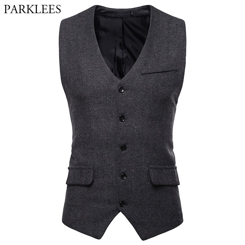 Vintage Suit Vest Men Casual Slim Fit Black Herringbone Vests Single Breasted V Neck Business Gilet Homme Chalecos Para Hombre