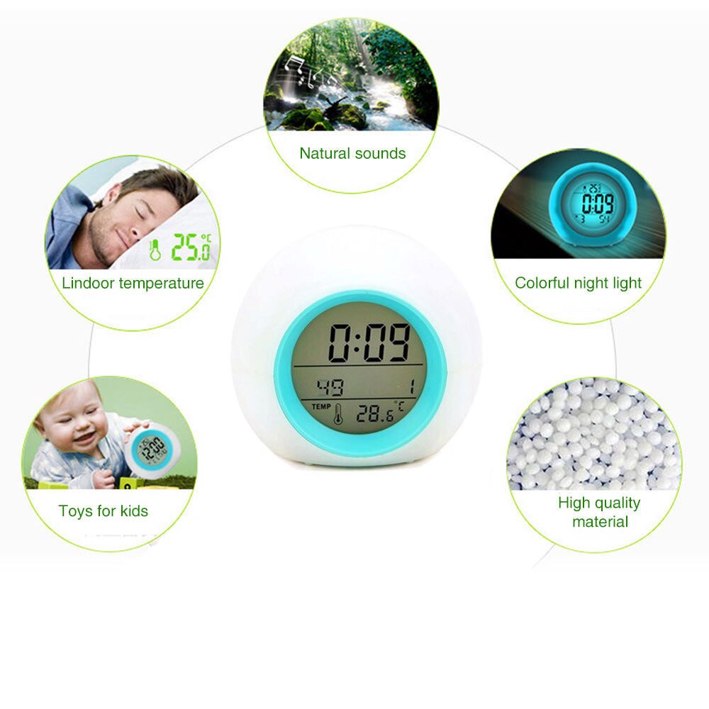 Reloj despertador colorido redondo y , reloj despertador con calendario para cama y niños, reloj de mesa con sonido Natural y Bola con calendario