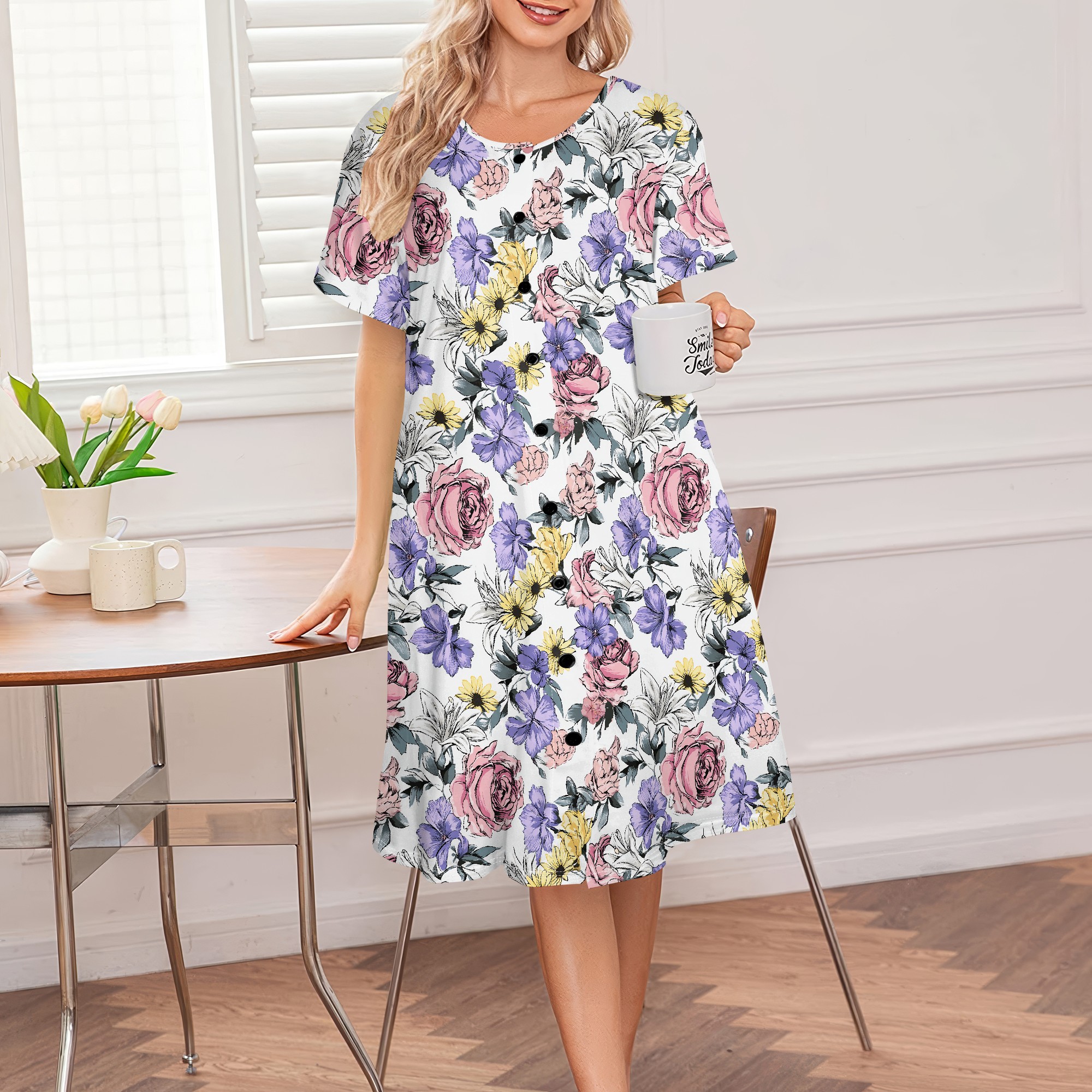 Blomsterprint sommerkjole dame afslappet kjole med knapper og korte ærmer s -3xl vintage blomstermønster