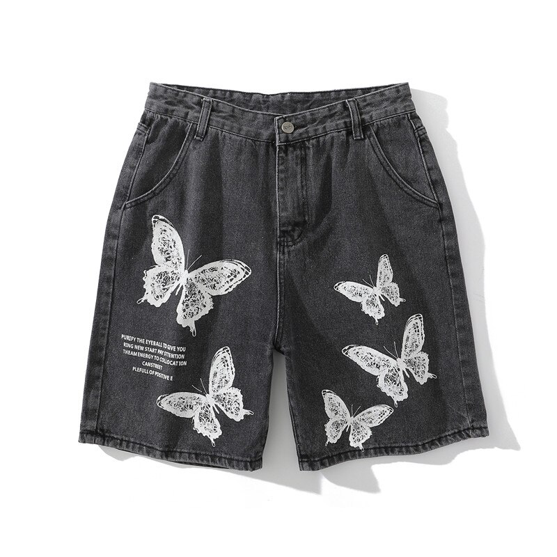 Sommerfugl denim shorts mænd sommer lige herreshorts street shorts til mand: Sort / M