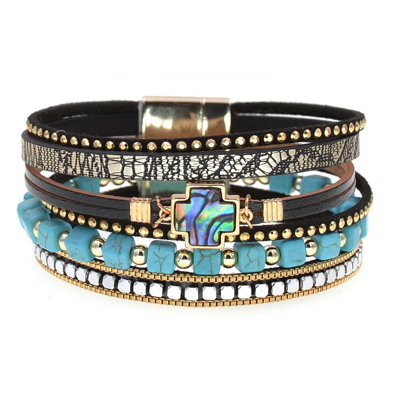 WELLMORE böhmen kreuz armbänder für frauen stein perlen wickeln armbänder leder Armbänder &Ampere; Armreifen Weiblichen Schmuck