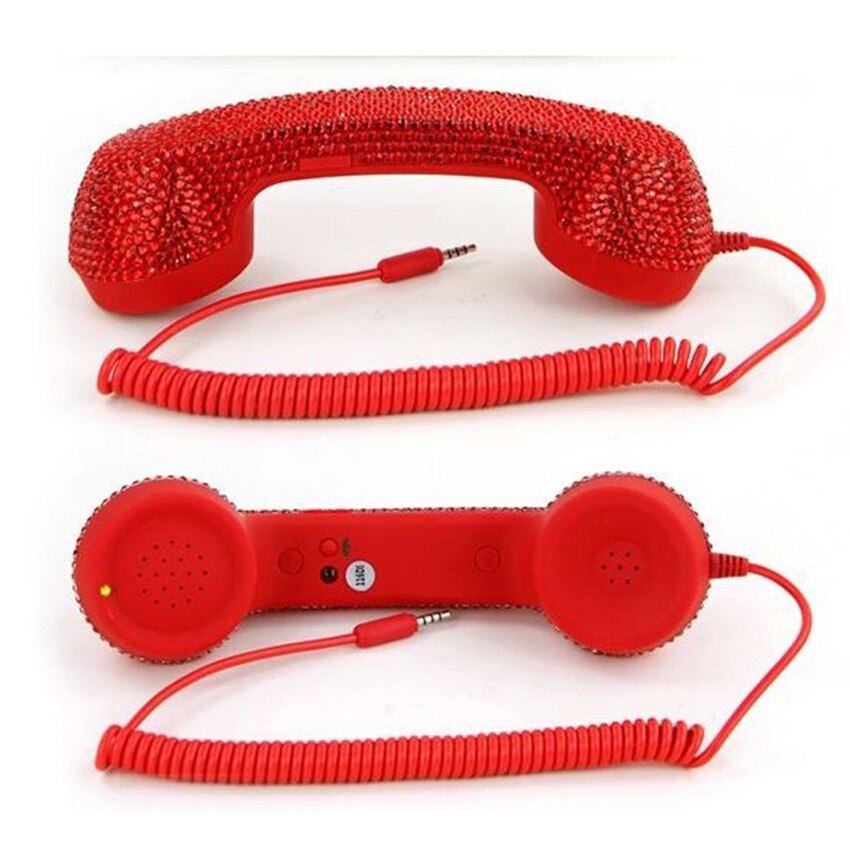 Ensemble de téléphone portable rétro diamant cristal, Mini Microphone haut-parleur, casque pour téléphones mobiles, ordinateur, rouge, 3.5mm