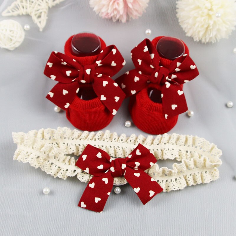 2Pcs Leuke Strik Babysokjes Hoofdband Set Zachte Baby Jongens Meisjes Sokken Anti Slip Baby Peuter Pasgeboren Sokken: red heart