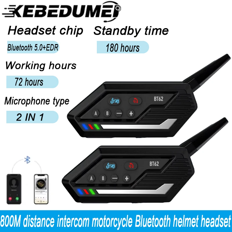 Kebidumei Bluetooth 5.0 Motorcycle Helmet Headset Headphone 800m Intercom speakers Wireless Motobike Hands-free Stereo Earphone