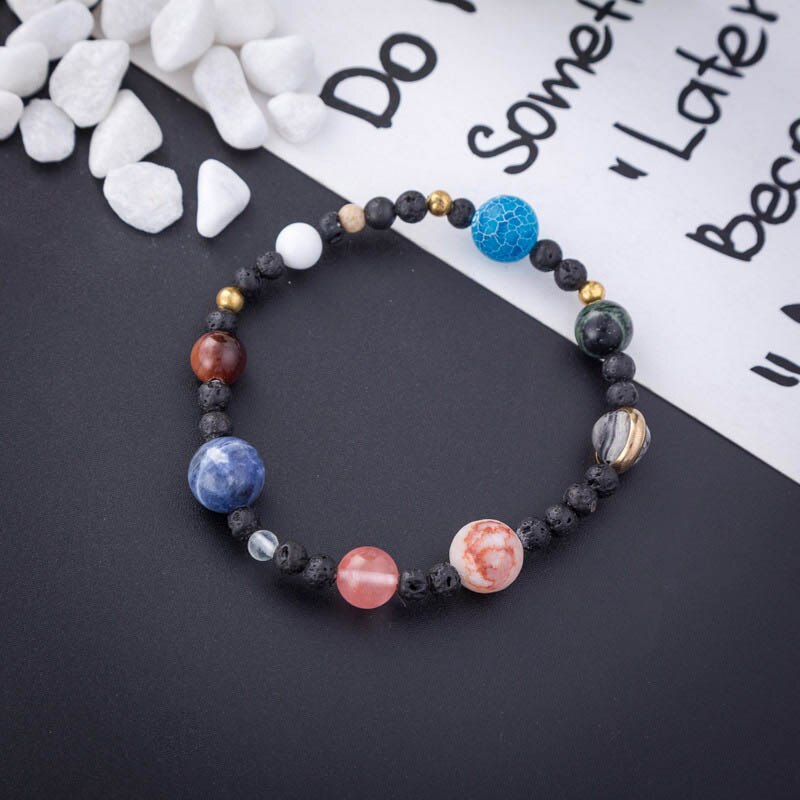 Charm Bracelet Jewelry Women Cosmic Galaxy Solar System Eight Planets Natural Stone Elastic Bracelet Bangle TOA