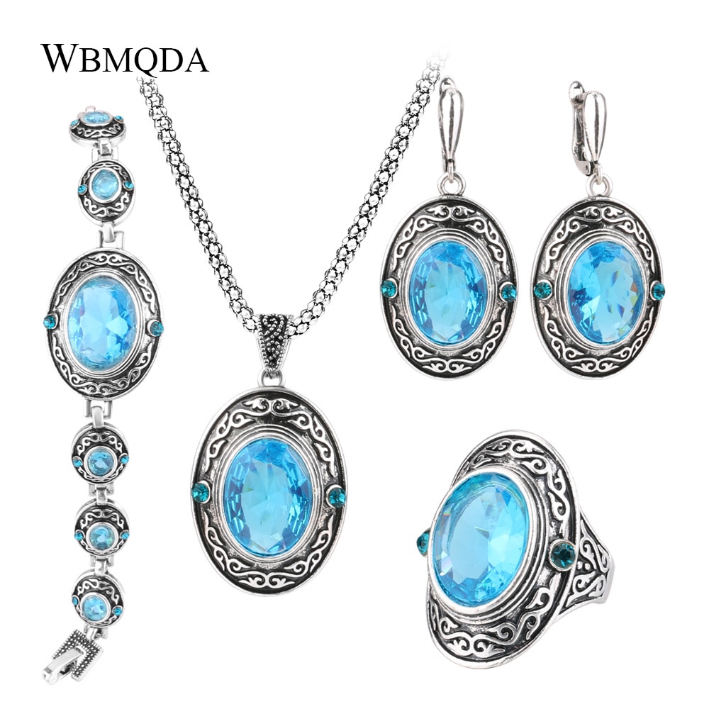 4 Stks/partij Vrouwen Vintage Sieraden Sets Antiek Zilver Kleur Retro Patroon Mode Blauwe Ovale Ring Bruiloft Sieraden Crystal