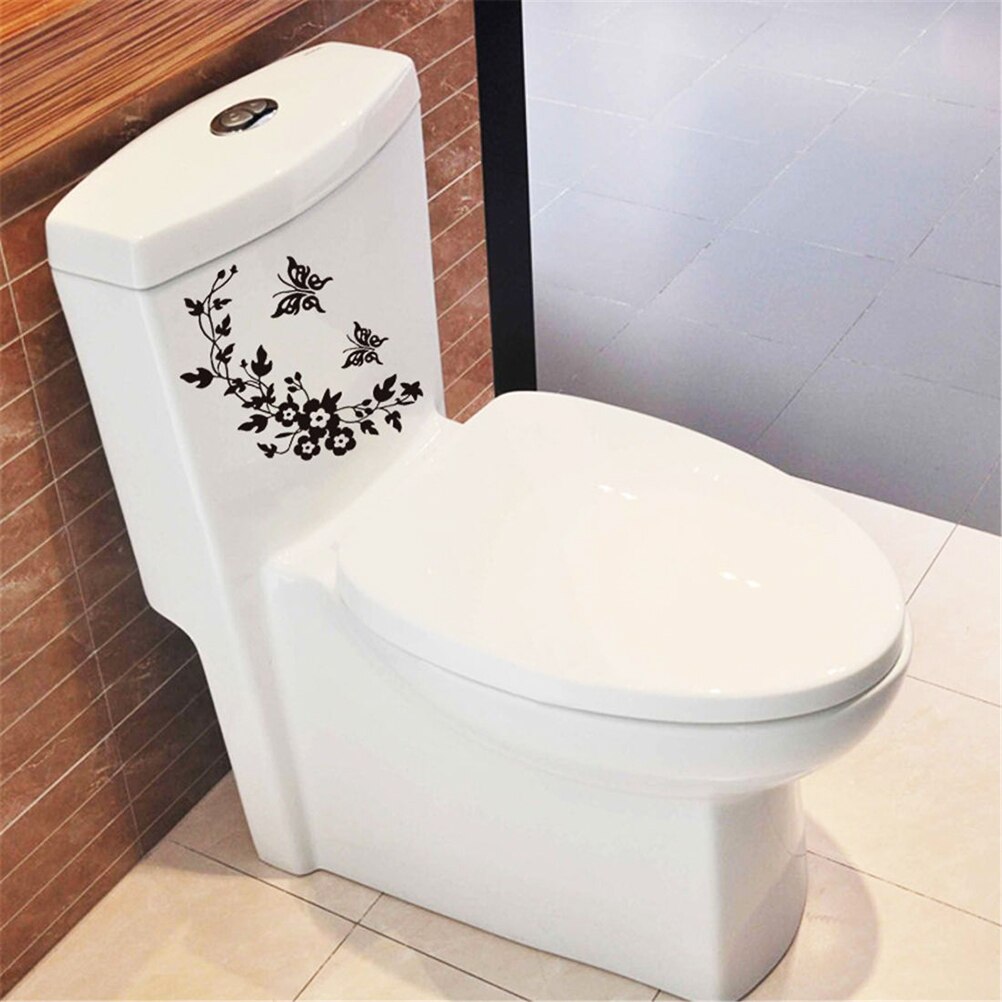 PVC amovible toilette couvercle autocollant papillon et fleur motif toilette siège couverture mur collage affiche autocollant: Black