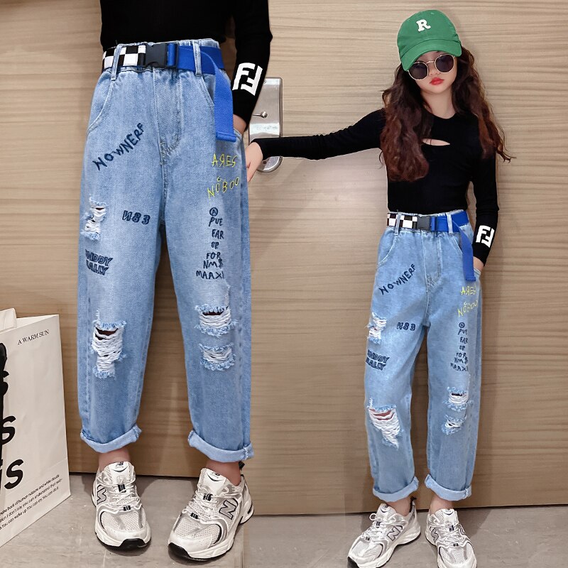 Jean déchiré en Denim pour filles, pantalon bleu avec des trous, pour enfants de 5 6 7 8 9 10 11 12 13 ans, printemps été