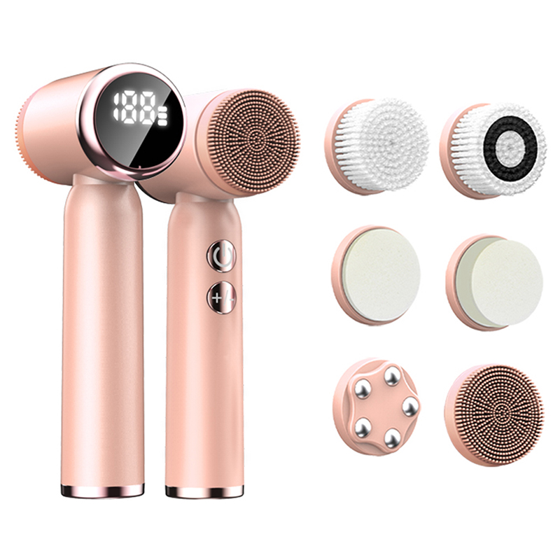 6 In 1 Ultrasonic Electric Face Cleansing Brush Compress Therapy Facial Exfoliating Pore Cleaner Blackhead Removal: pink