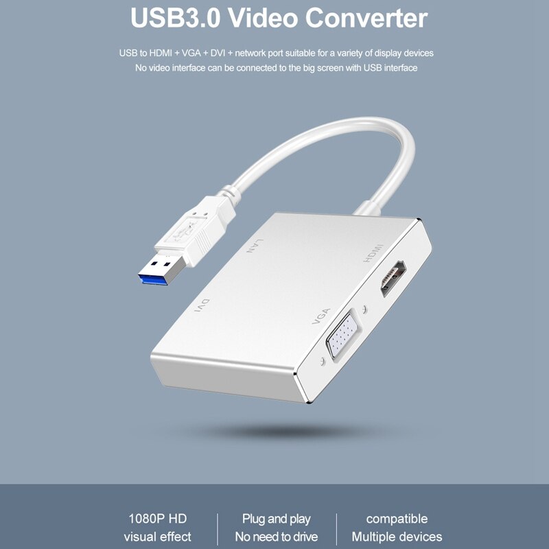 USB3.0 Hub to HDMI VGA DVI Network Port 1000 Gigabit Ethernet 4in1 Video Adapter Converter