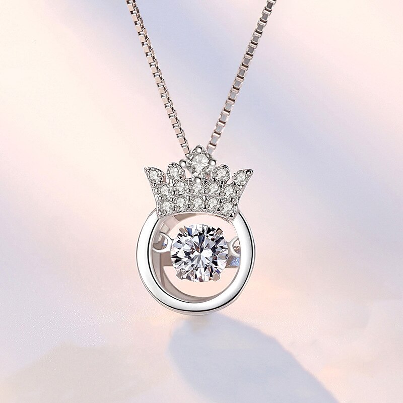 New Fashion 925 Sterling Silver Crown Round Pendant Necklace ruotabile ballerà strass Charm collane regalo gioielli donna