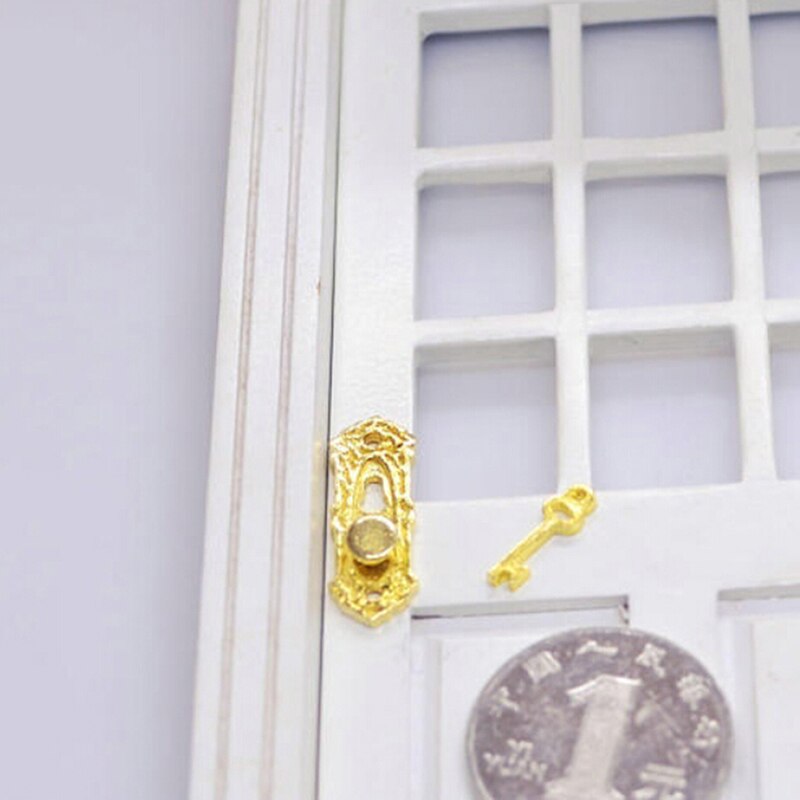 1 Set 1:12 Miniature Golden Metal Door Knocker Lock Doorplate Set DIY Dollhouse Hardware Accessories Doll House Decoration