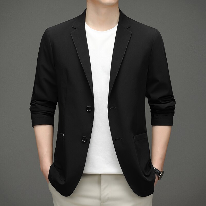 Brand Spring Autumn Men Blazer Slim Fit Black Blue Jacket Business Casual Suit Coat Male: black / L 175