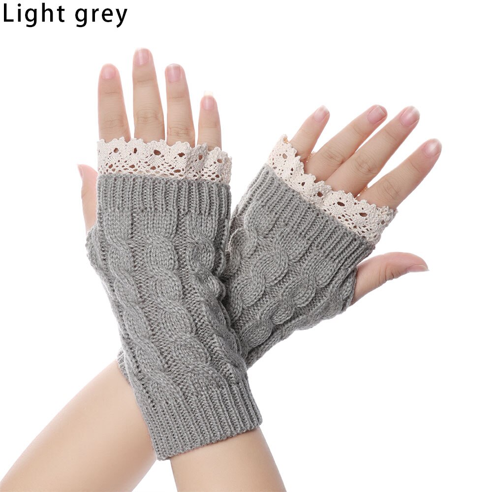 Lange fingerløse strikkede handsker kvinder vinter uldne bløde varme vanter piger blonder strikke fingerhandsker guantes: Lysegrå