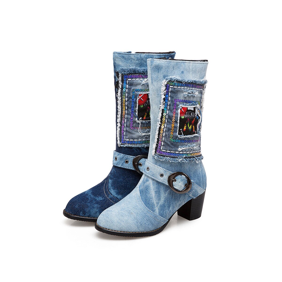 Denim dam promenadskor vinterkänga tjock klack mid kalv stövlar orm bälte spänne kvinnlig riddare boots kort plysch varm storlek 43