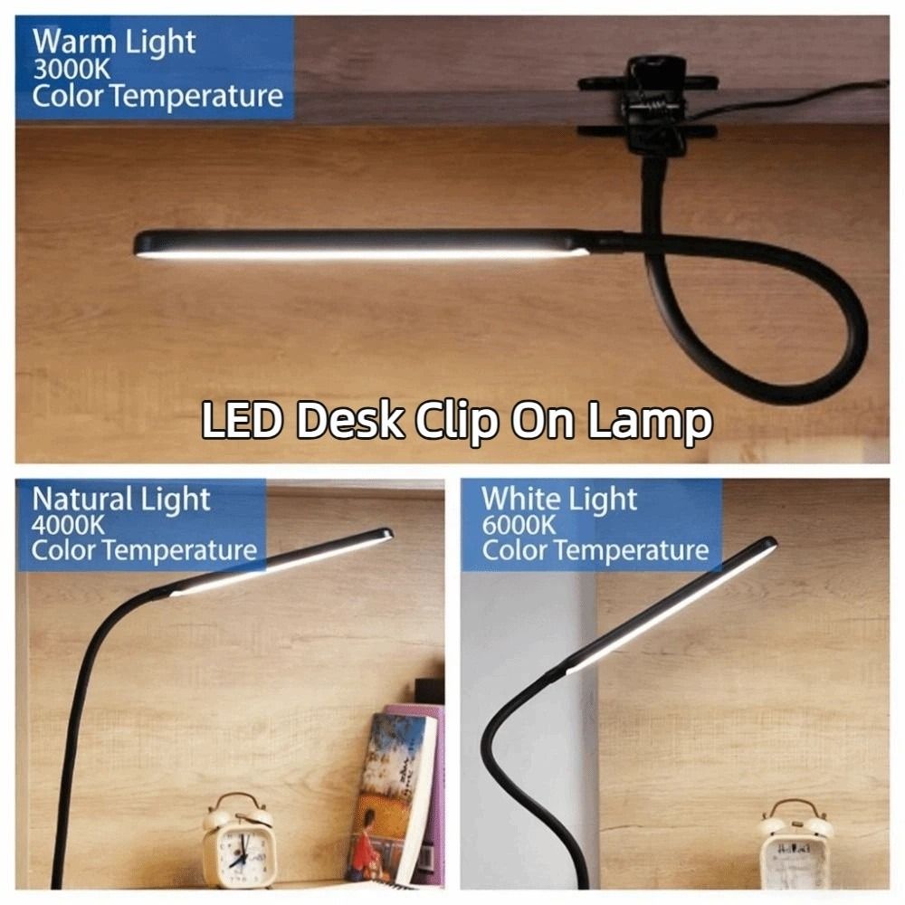Verstelbare led-bureaulamp met klem, 3 kleuren licht, 10 helderheidsniveaus, leeslamp met klem, dimbare helderheid, usb-voeding.