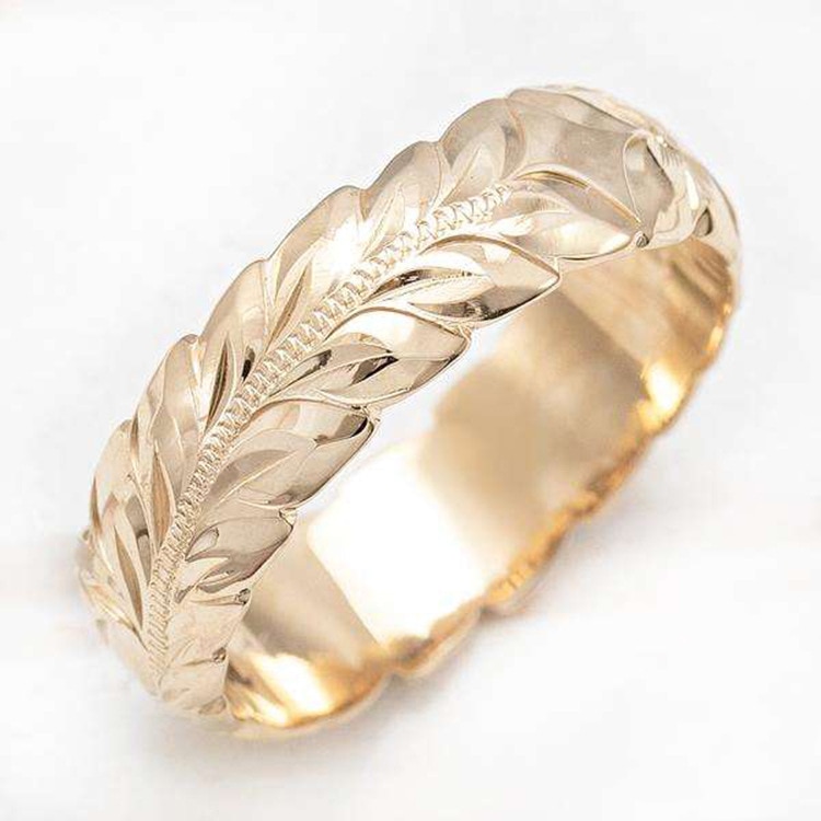 Anillos de joyería a la para mujer, oro amarillo de 14 quilates tallado, Frangipani Hawaiano, anillo de hoja de trigo, de aniversario de boda