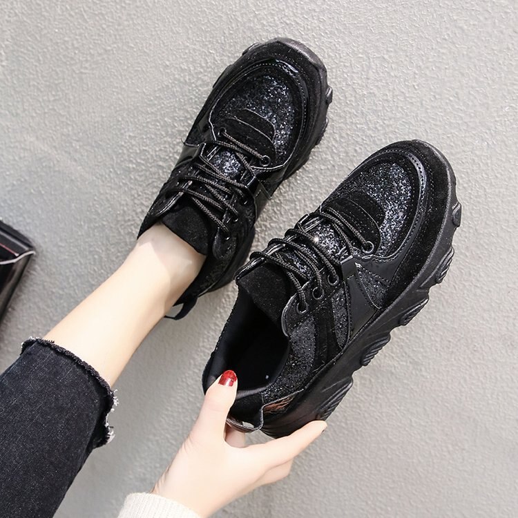 Ins super fire sneakers women Korean thick bottom student running shoes lace casual sports shoes fpr women ZZ-250: Black / 10