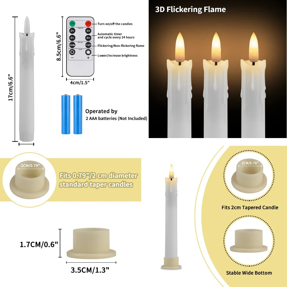 6/18/24Pc 6.6inch LED Flameless Taper Candles with Remote Flickering CandleSticks Plastic Window Candles for Halloween Christmas