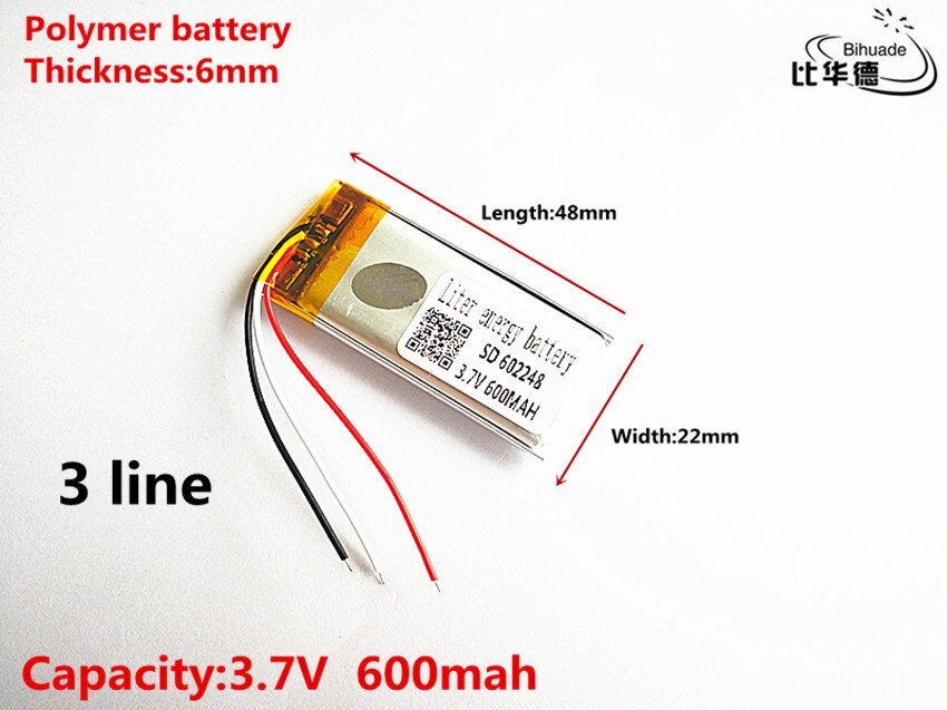 5pcs/lot 3 line Good Qulity 3.7V,600mAH,602248 Polymer lithium ion / Li-ion battery for TOY,POWER BANK,GPS,mp3,mp4
