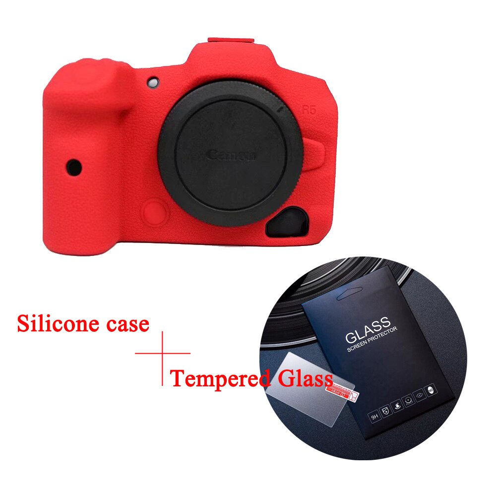 Funda de silicona suave para cámara Canon EOS R5 R6 EOSR6, carcasa protectora de marco, vidrio templado sin espejo: R5 Red with glass