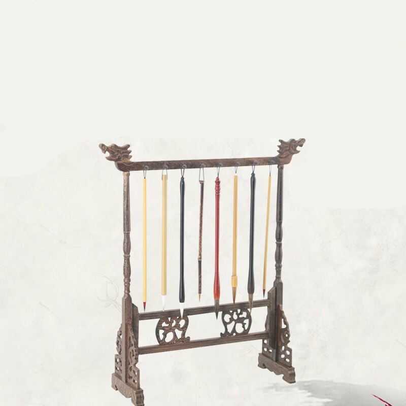 Unieke Solid Wenge Hout Schrijven Borstel Houder 12 Hangers Kalligrafie Penhouder Studie Schat Traditionele Schilderen Borstel Rack