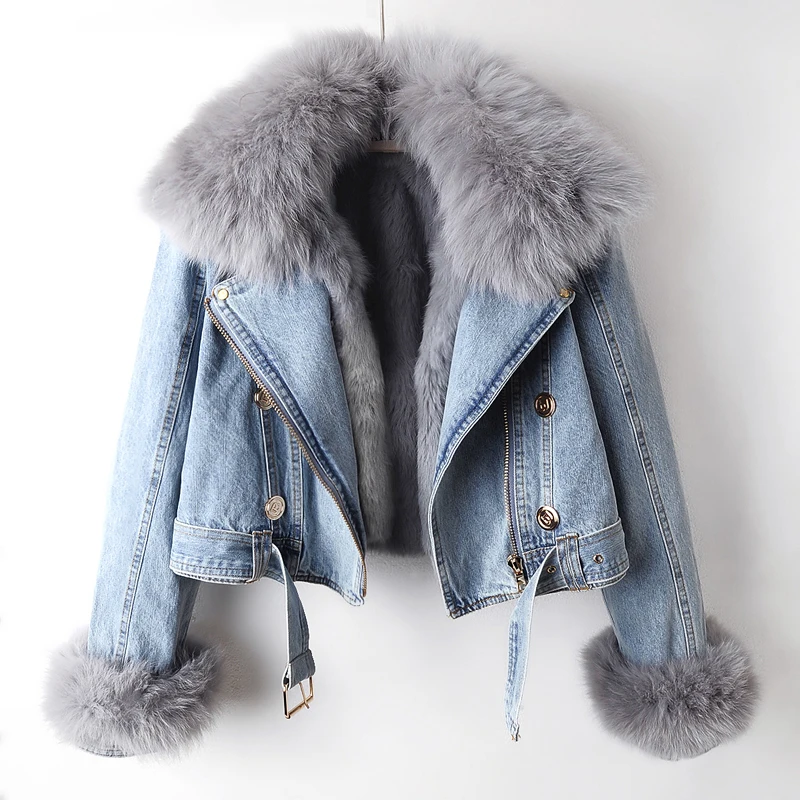 Vinter naturlig revepels krage kaninpelsfôr denimjakke dame cowboy ytterjakke løs kort glidelås jeansjakke frakk dame: M / beige