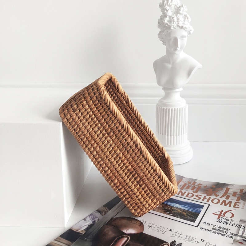 Hand Woven Storage Basket Rattan Wicker Rectangular Basket Kitchen Living Room Storage Organizer Fruit Snack Storage Box