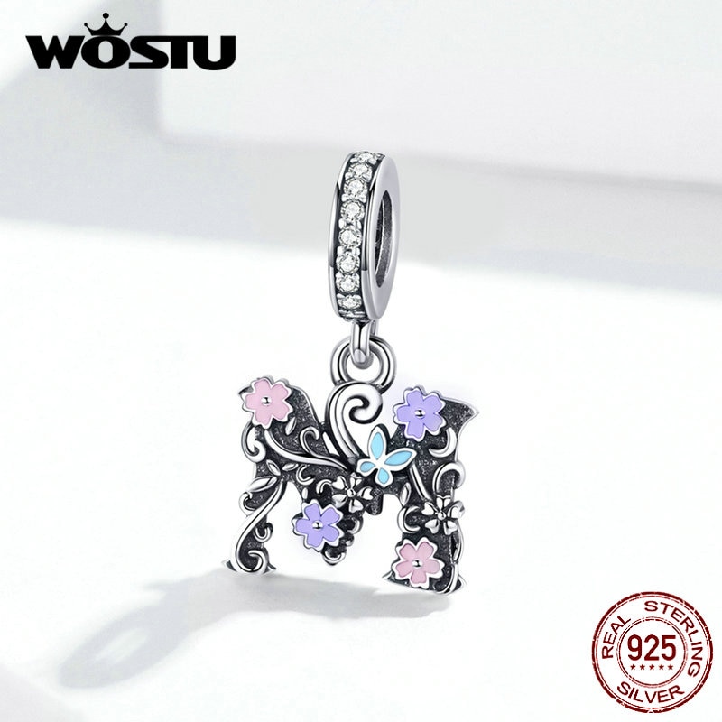 Wostu 925 prata esterlina letra alfabeto a & m flor charme caber pulseira original pingente contas moda jóias fic1274