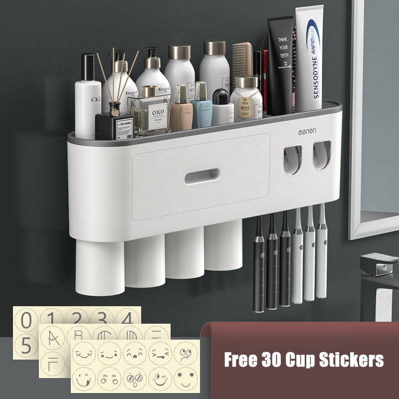 Magnetic Adsorption Inverted Toothbrush Holder Double Automatic Toothpaste Squeezer Dispenser Storage Rack Bathroom Accessories: Gray with 4cups