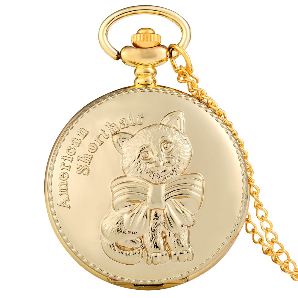 Antieke Leuke Amerikaanse Korthaar Quartz Zakhorloge Opluchting Goud Kleur Vintage Horloge Voor Man Vrouwen Best Reloj De Bolsillo: American Shorthair